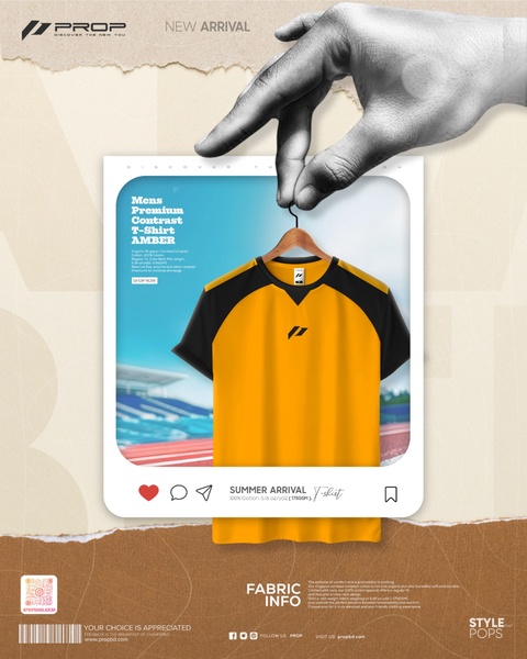 contrast t-shirt, raglan t-shirt, sports t-shirt, crew neck tee, athletic shirt, cotton t-shirt, new arrival, product launch, ugc style, modern typography, energetic, bold, yellow, black, neutral, summer sale